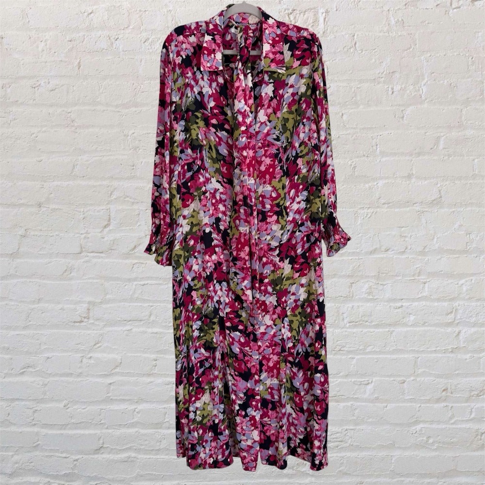 Chico's Godet Shirt Maxi Dress Vibrant Floral  Mature Pink Plus 3.5 (18) NEW XXL